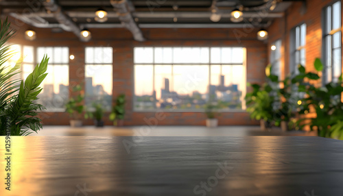 Wallpaper Mural Empty table in a modern loft apartment with city view, ideal for product placement or design mockups. Torontodigital.ca