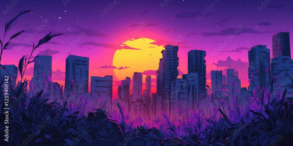 Fototapeta premium Illustration shows sunset over ruined city with vegetation