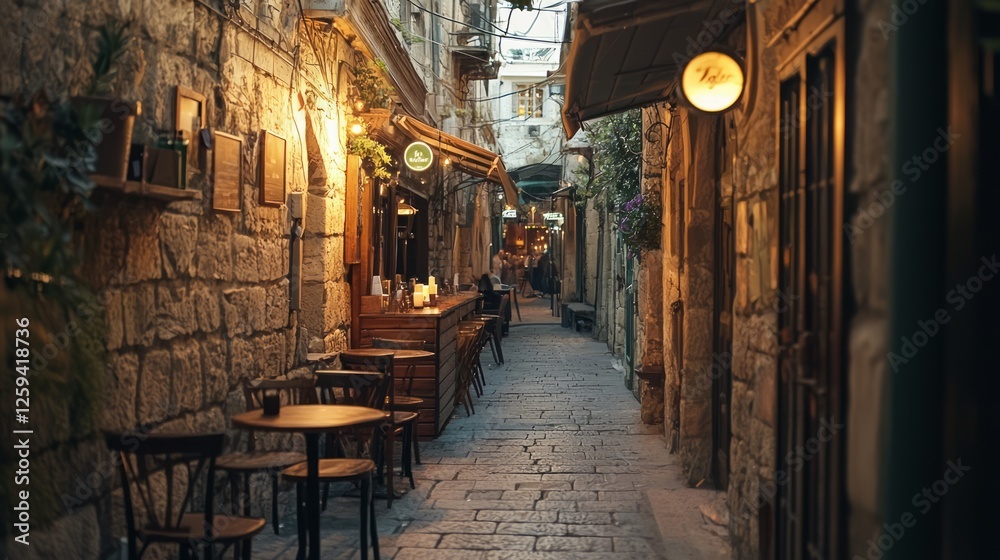 Fototapeta premium Hidden Narrow Coffee Bar in Historic Stone Alleyway at Dusk