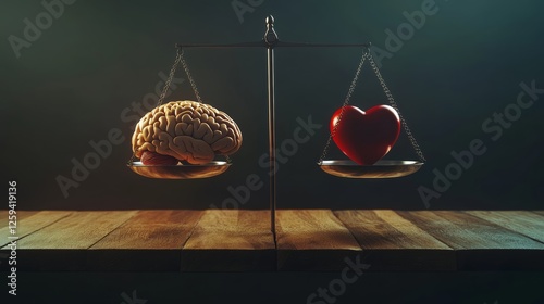 A brain and a heart are balanced on a scale, symbolizing the conflict between logic and emotions. photo