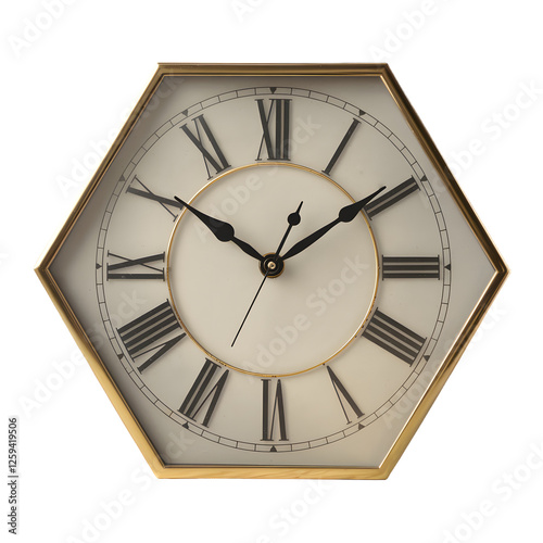 Elegant Hexagonal Clock with Shimmering Gold Rim and Roman Numerals
 photo