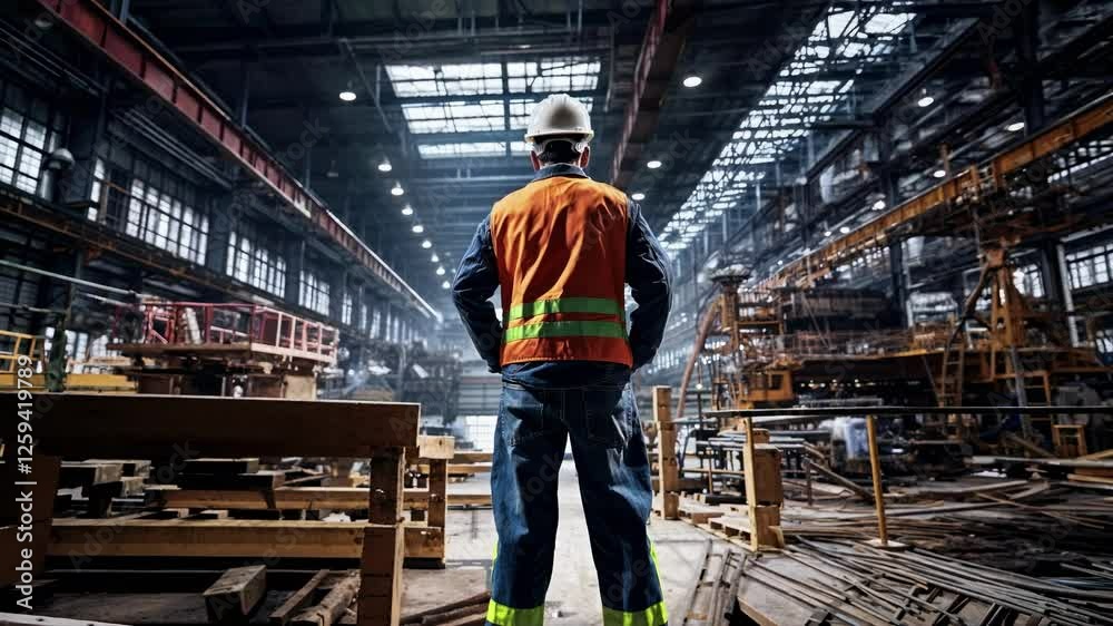 Wide-angle shot of a worker in a hard hat and vest, standing in a vast industrial warehouse, conveying a documentary video style. Wide-angle shot of a worker in a hard hat and vest, standing in a vast industrial warehouse, conveying a documentary video style.