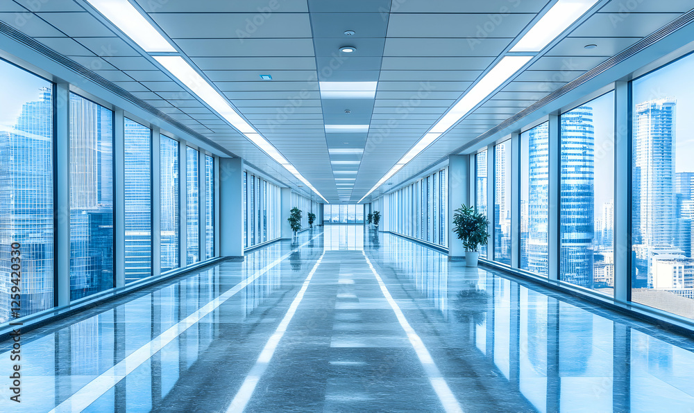 Modern, bright office corridor with floor-to-ceiling windows offering a stunning cityscape view. Ideal for corporate, business, and architectural projects. Modern, bright office corridor with floor-to-ceiling windows offering a stunning cityscape view. Ideal for corporate, business, and architectural projects.