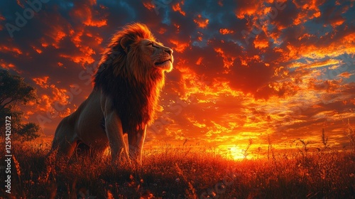 Majestic lion standing proudly in a vibrant sunset landscape with dramatic clouds and grass