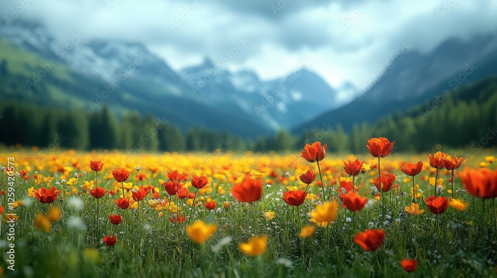 Mountain meadow vibrant tulips spring bloom scenic landscape postcard Mountain meadow vibrant tulips spring bloom scenic landscape postcard