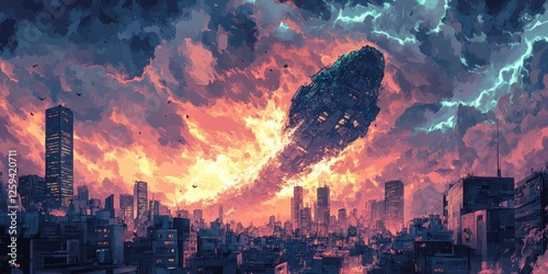 A spaceship crashes spectacularly over a densely populated city photo