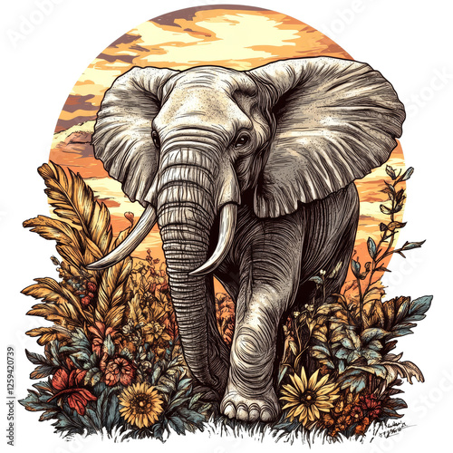 Stylized elephant illustration amidst tropical flora and warm sunset photo