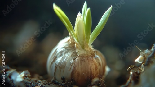 garlic bulb sprouting, emphasizing the fine textures of the bulb and the bright green shoots emerging from within. photo