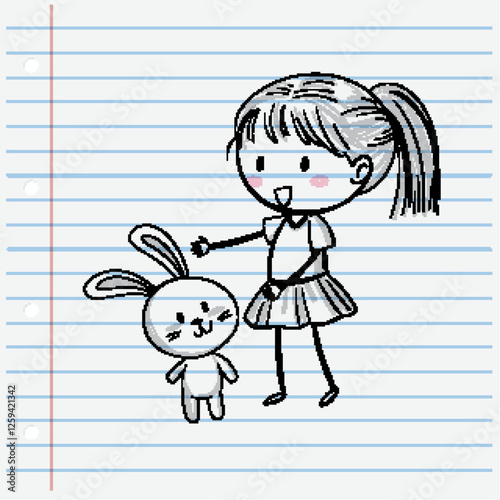 Girl and Bunny Sketch on Notebook