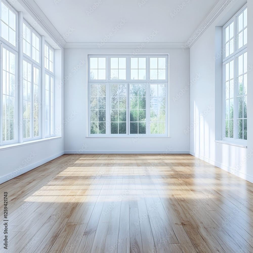 Bright Empty Room with Large Windows and Wooden Floor Interior Design and Architecture