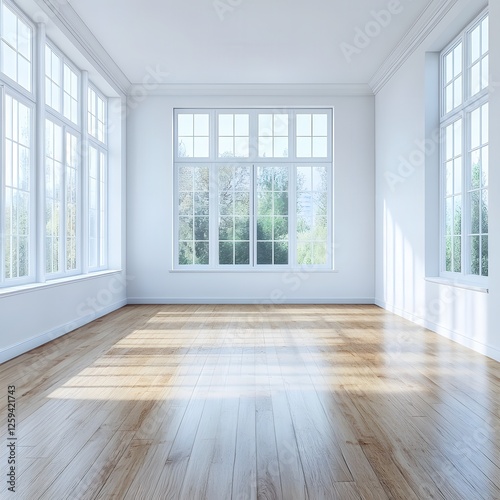 Obraz na płótnie Bright Empty Room with Large Windows and Wooden Floor Interior Design and Architecture w salonie