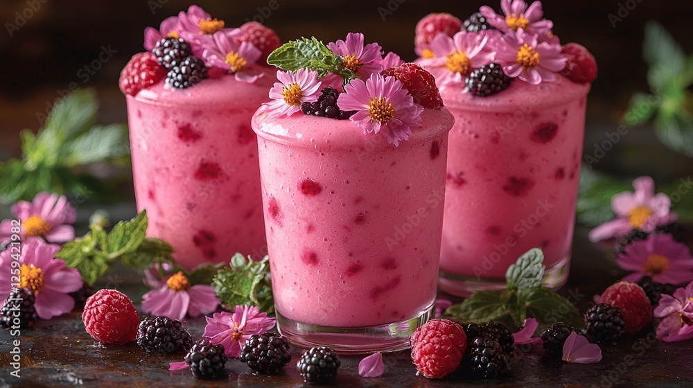 Pink raspberry smoothie desserts decorated with flowers Pink raspberry smoothie desserts decorated with flowers