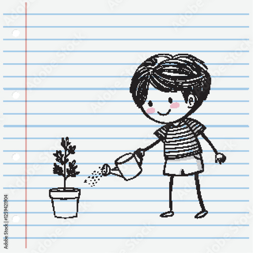 Child Watering Plant on Notebook Page