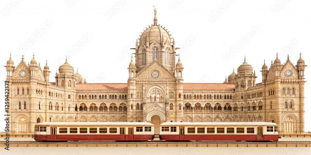 imeless Glory Chhatrapati Shivaji Maharaj Terminus with a Classic Indian Railways Train – Front View on a Pristine White Canvas imeless Glory Chhatrapati Shivaji Maharaj Terminus with a Classic Indian Railways Train – Front View on a Pristine White Canvas