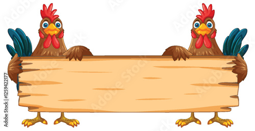 Chickens Holding a Wooden Sign
