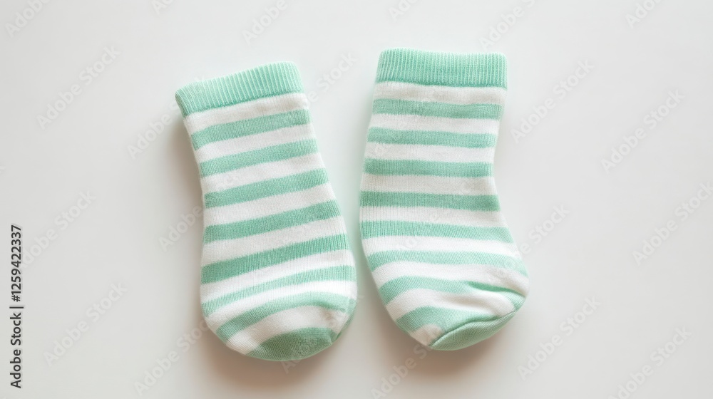 Baby socks, light green and white stripes, pure white background, top view, high definition photography Baby socks, light green and white stripes, pure white background, top view, high definition photography