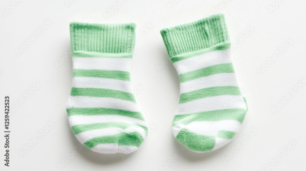 Baby socks, light green and white stripes, pure white background, top view, high definition photography Baby socks, light green and white stripes, pure white background, top view, high definition photography
