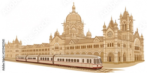imeless Glory Chhatrapati Shivaji Maharaj Terminus with a Classic Indian Railways Train – Front View on a Pristine White Canvas