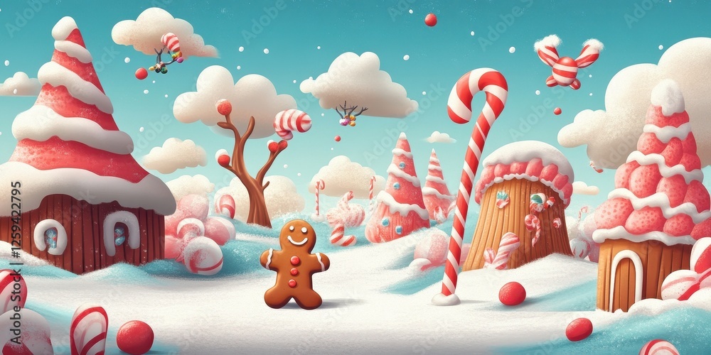 Obraz premium Cartoon candy land features a gingerbread man and whimsical treats