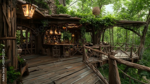 Cozy Cafe Nestled in a Lush Forest Canopy with Rustic Decor