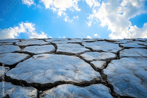 Cracked Earth Under a Bright Blue Sky with White Clouds Evoking Hope and Renewal
