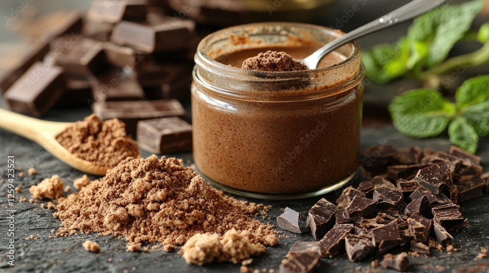 Rich chocolate spread in a jar with cocoa powder and chocolate chunks on rustic wooden table Rich chocolate spread in a jar with cocoa powder and chocolate chunks on rustic wooden table
