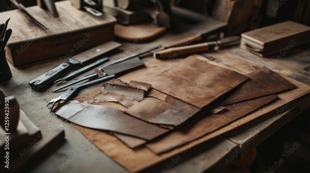 Scene of a leather crafting setup. Featuring leather sheets, tools, and a finished item. Highlighting the process of leather crafting. Ideal for DIY and craft blogs. Scene of a leather crafting setup. Featuring leather sheets, tools, and a finished item. Highlighting the process of leather crafting. Ideal for DIY and craft blogs.