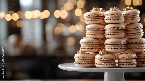 Elegant display of macarons on a cake stand in a softly lit caf? with blurred background