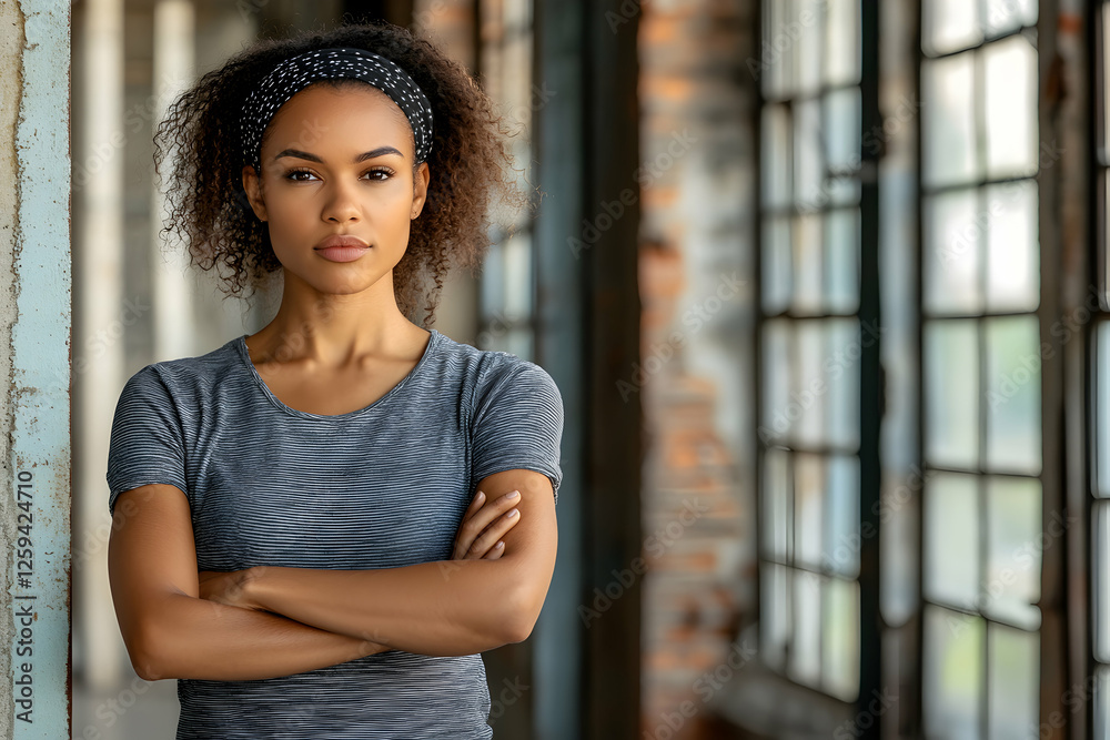 Confident young woman with arms crossed, standing in a rustic industrial setting. She wears a grey striped shirt and a patterned headband. Confident young woman with arms crossed, standing in a rustic industrial setting. She wears a grey striped shirt and a patterned headband.