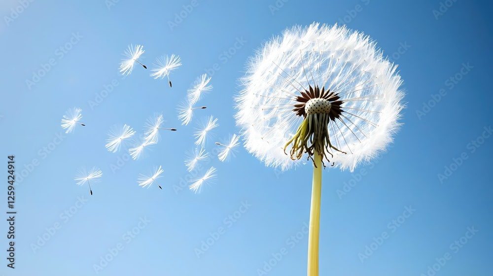 Fototapeta premium Dandelion Seed Head Against a Clear Blue Sky Symbolizing Freedom Hope and New Beginnings
