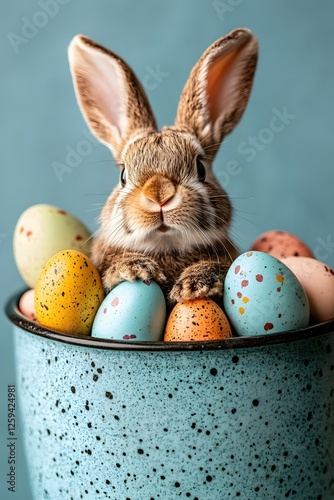 Easter Bunny Portrait Peeking from a Cup Full of Colorful Speckled Eggs on a Blue Background