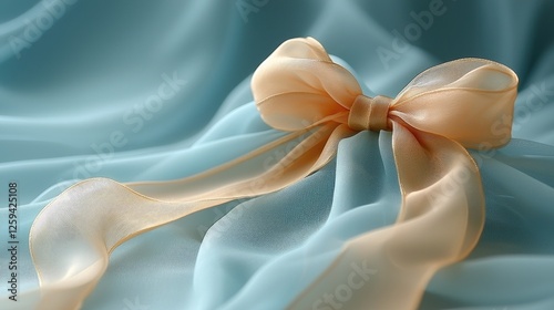 Elegant peach ribbon elegantly tied on soft blue fabric, creating a serene and stylish backdrop