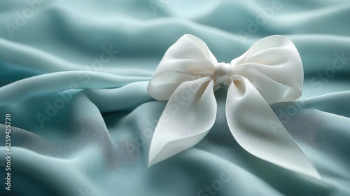 Elegant white bow resting on soft, flowing aqua fabric, creating a serene and delicate atmosphere