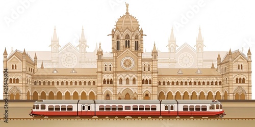 imeless Glory Chhatrapati Shivaji Maharaj Terminus with a Classic Indian Railways Train – Front View on a Pristine White Canvas