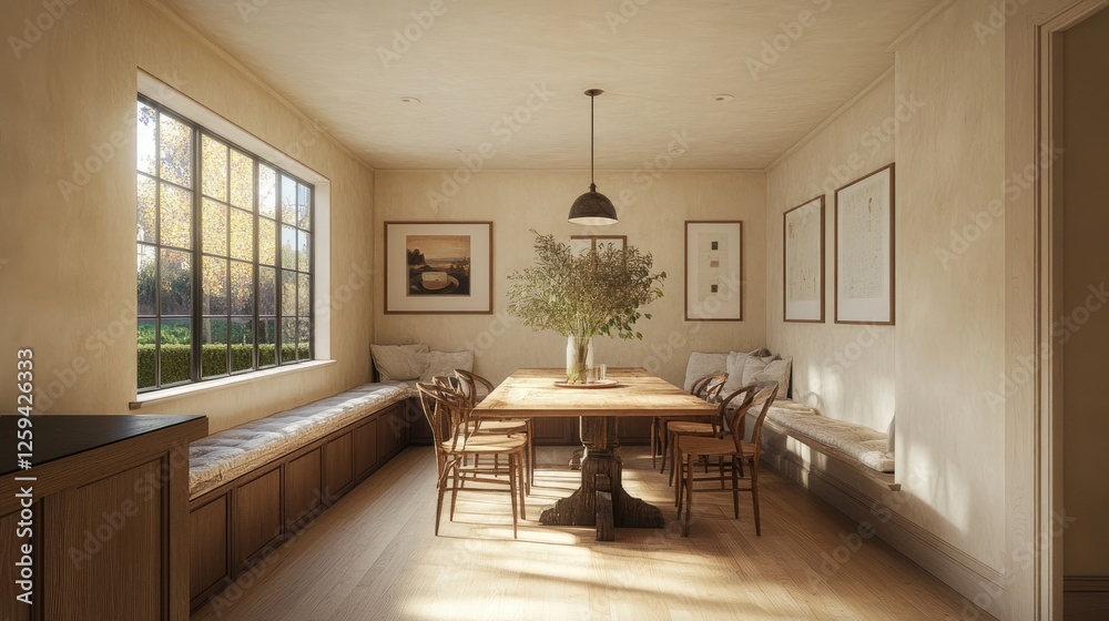 Fototapeta premium A stylish breakfast nook featuring Morning Sand walls and wooden seating.