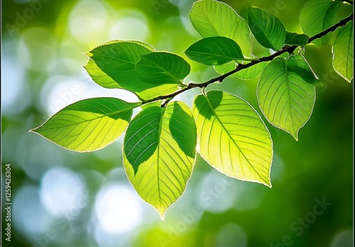Closeup Bright Green Leaves Branch Sunlight