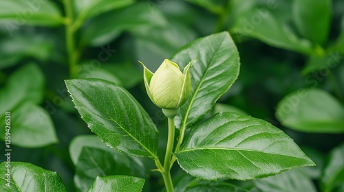 Closeup Of Pale Yellow Rose Bud Among Green Foliage