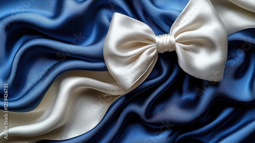 Elegant white bow on luxurious blue and white satin fabric, showcasing texture and draping