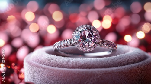 Sparkling diamond engagement ring on soft velvet, surrounded by shimmering red bokeh lights