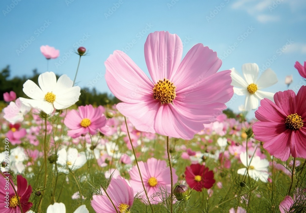 Colorful Cosmos Flowers Field Under Clear Sky Colorful Cosmos Flowers Field Under Clear Sky