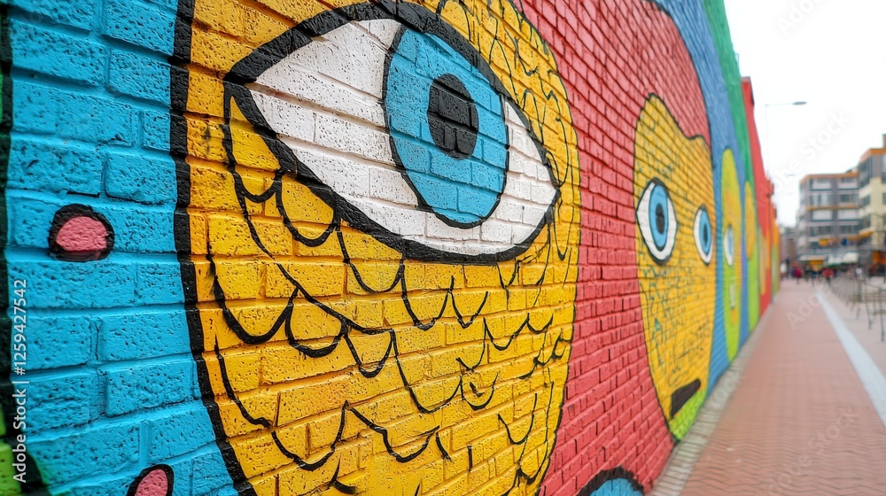 Obraz premium Vibrant Colorful Mural Featuring Abstract Eye and Shapes on a Brick Wall in Urban Environment