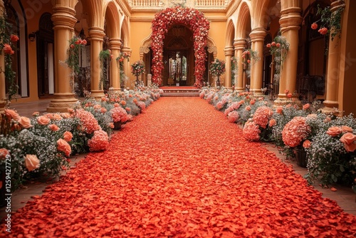 Elegant Wedding Venue with Red Petal Aisle and Floral Decor