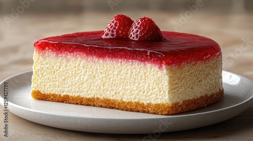 Delicious cheesecake topped with strawberries and red jelly, elegantly presented on a plate
