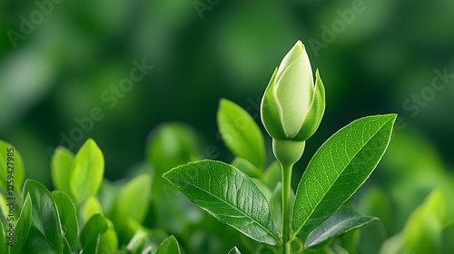 Delicate Light Green Rosebud in Lush Green Foliage