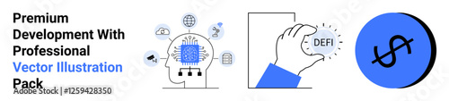 Head with circuits symbolizing AI, hand holding DeFi object, and dollar highlighting finance. Ideal for tech, AI, blockchain, fintech, education, startups apps flat landing page banner