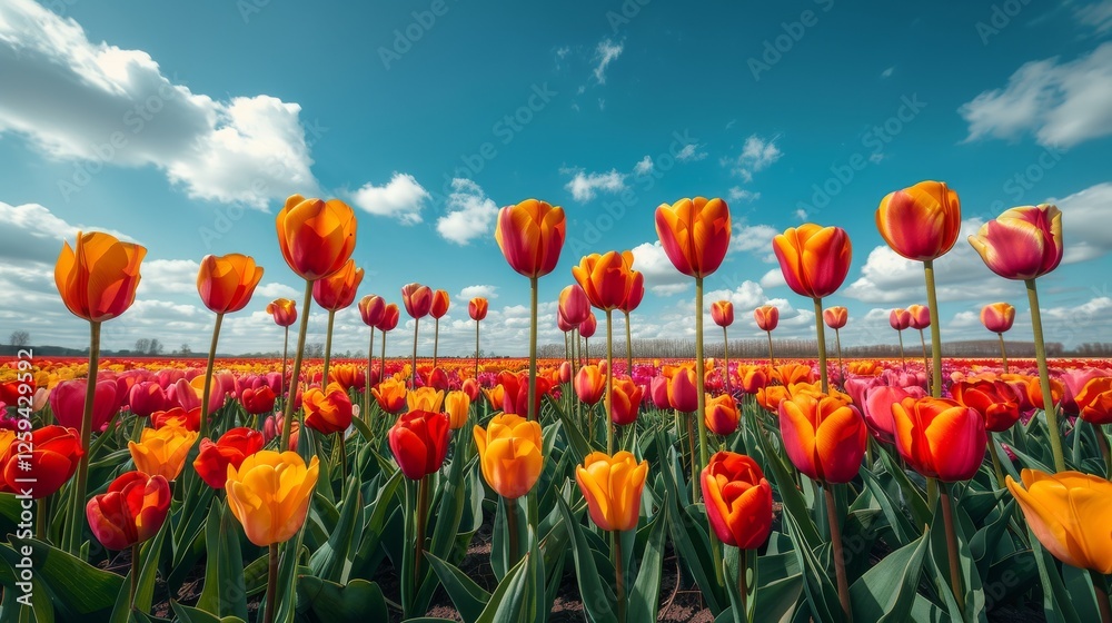 Obraz premium Tulips in Bloom: A vibrant field of blooming red and yellow tulips basks in the warm glow of the springtime sun, creating a stunning scene of color and beauty. 