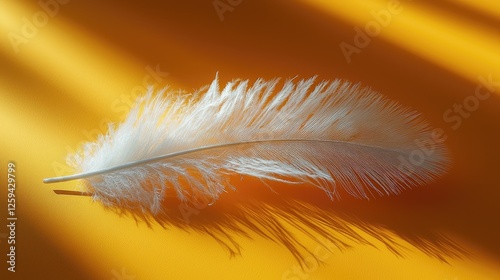 Delicate white feather resting on a vibrant orange background, showcasing soft textures and shadows