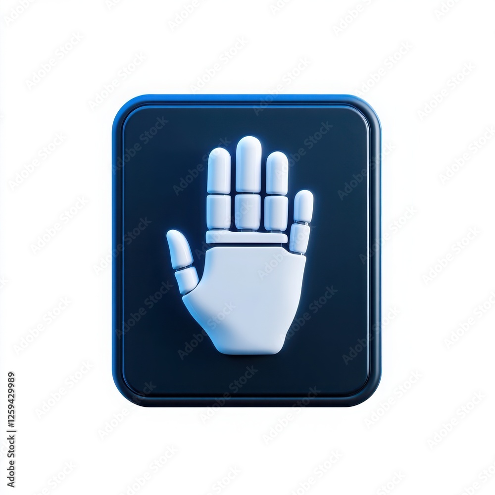 Obraz premium A sleek, futuristic icon depicting a robotic hand on a dark background, symbolizing technology, automation, and digital interaction.