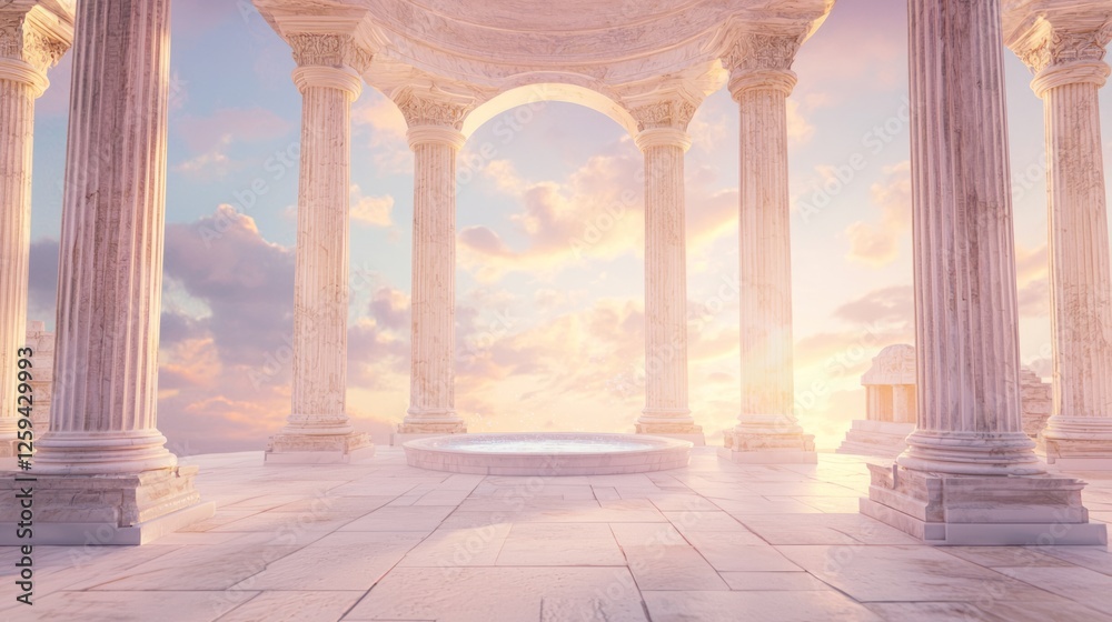 Vibrant Sunrise Over Majestic Columns in a Clear Sky Setting Vibrant Sunrise Over Majestic Columns in a Clear Sky Setting