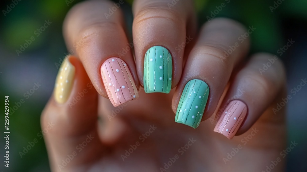 Pastel Nail Art Design, Closeup Hand, Spring, Garden Background, Manicure Pastel Nail Art Design, Closeup Hand, Spring, Garden Background, Manicure